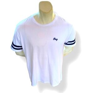 Obey tee shirt with striped sleeves size large